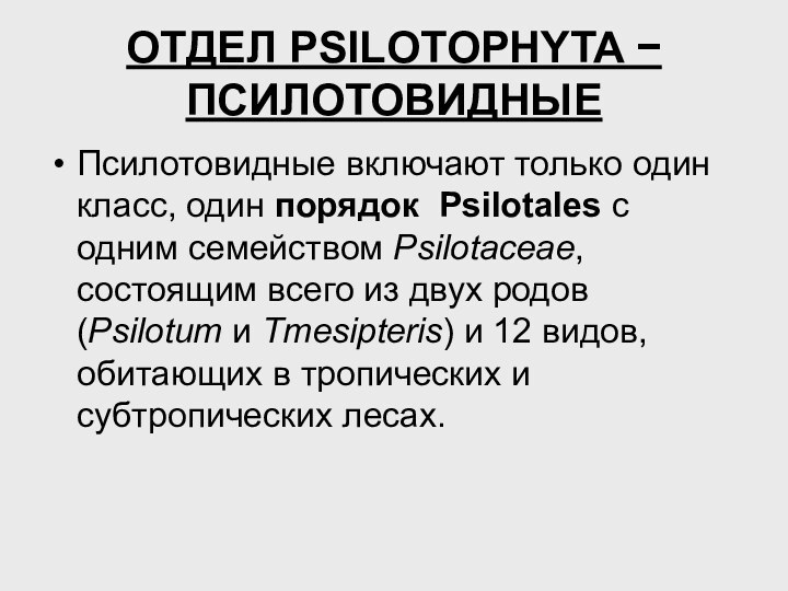 ОТДЕЛ PSILOTOPHYTA − ПСИЛОТОВИДНЫЕПсилотовидные включают только один класс, один порядок Psilotales с