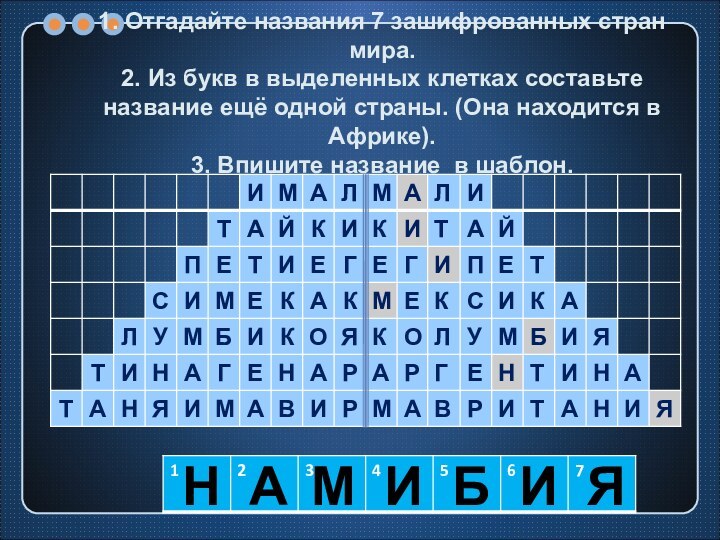 1. Отгадайте названия 7 зашифрованных стран мира. 2. Из букв в выделенных