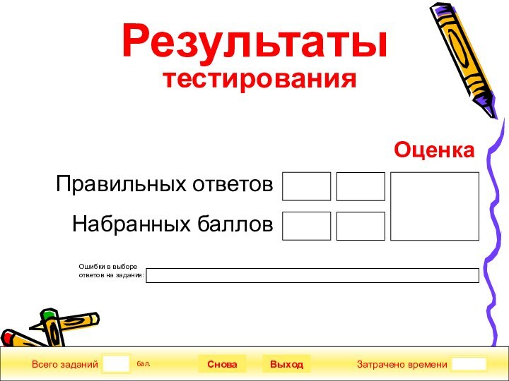 Всего заданийЗатрачено времениСноваВыходРезультаты  тестирования бал.Правильных ответовНабранных балловОценкаОшибки в выборе ответов на задания: