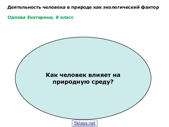 Деятельность человека в природе как экологический фактор Орлова Екатерина, 8 класс Как