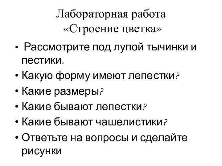 Лабораторная работа  «Строение цветка» Рассмотрите под лупой тычинки и пестики. Какую