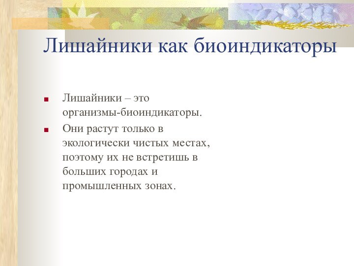 Лишайники как биоиндикаторыЛишайники – это  организмы-биоиндикаторы. Они растут только в экологически