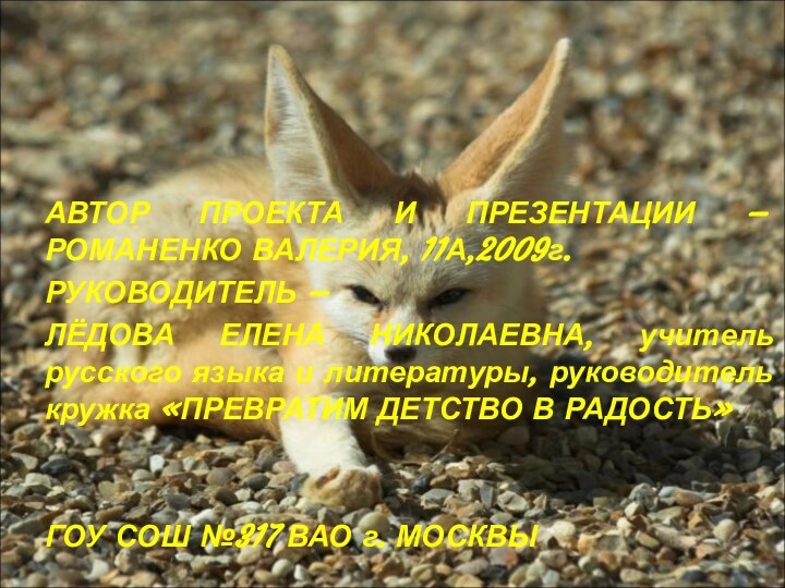 АВТОР ПРОЕКТА И ПРЕЗЕНТАЦИИ – РОМАНЕНКО ВАЛЕРИЯ, 11А,2009г.РУКОВОДИТЕЛЬ – ЛЁДОВА ЕЛЕНА НИКОЛАЕВНА,