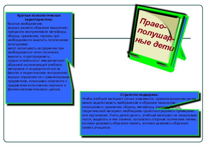 Право-полушар-ные дети       Право-полушар-ные детиКраткая психологическая характеристика: