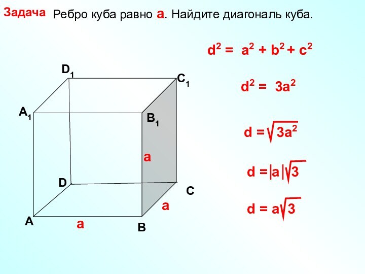 Ребро куба равно а. Найдите диагональ