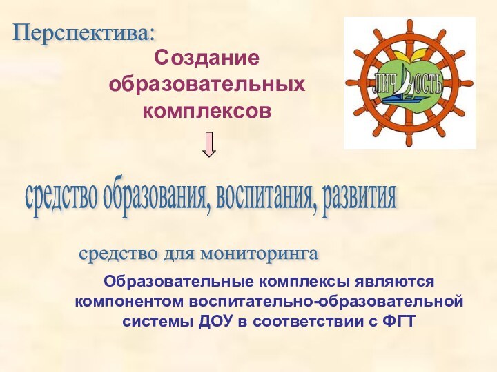 Образовательные комплексы являются компонентом воспитательно-образовательной системы ДОУ в соответствии с ФГТсредство образования,