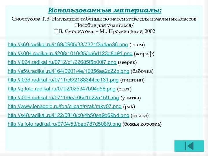 Использованные материалы:Смолеусова Т.В. Наглядные таблицы по математике для начальных классов: Пособие для