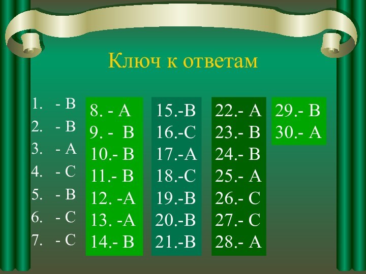 Ключ к ответам- В- В- А- С- В- С- С8. - А9.