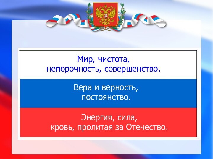 Мир, чистота,непорочность, совершенство.Вера и верность,постоянство. Энергия, сила,кровь, пролитая за Отечество.