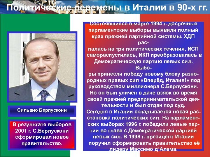 Политические перемены в Италии в 90-х гг.Состоявшиеся в марте 1994 г. досрочные