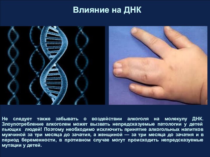 Не следует также забывать о воздействии алкоголя на молекулу ДНК. Злоупотребление алкоголем