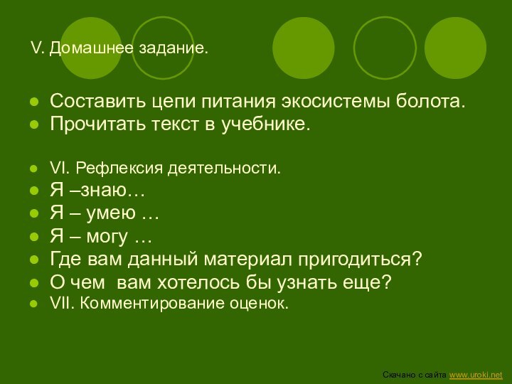 V. Домашнее задание.Составить цепи питания экосистемы болота.Прочитать текст в учебнике.VI. Рефлексия деятельности.Я