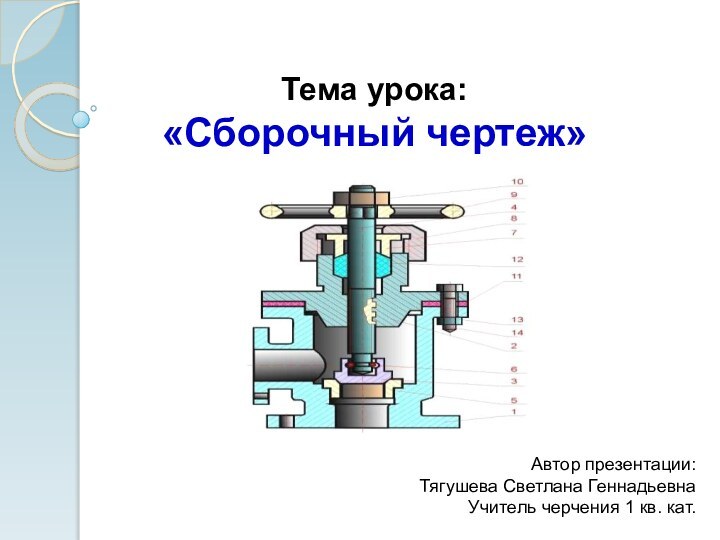 Тема урока: «Сборочный чертеж»Автор презентации:Тягушева Светлана ГеннадьевнаУчитель черчения 1 кв. кат.