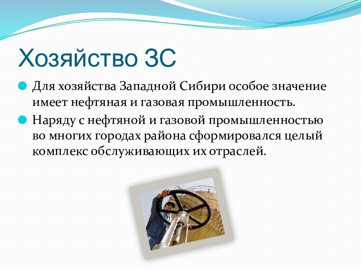 Хозяйство ЗСДля хозяйства Западной Сибири особое значение имеет нефтяная и газовая промышленность.Наряду