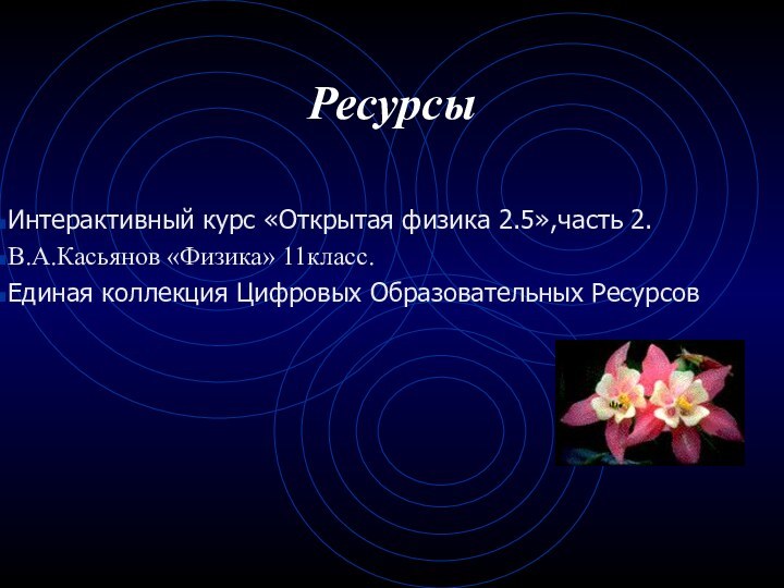 РесурсыИнтерактивный курс «Открытая физика 2.5»,часть 2.В.А.Касьянов «Физика» 11класс.Единая коллекция Цифровых Образовательных Ресурсов