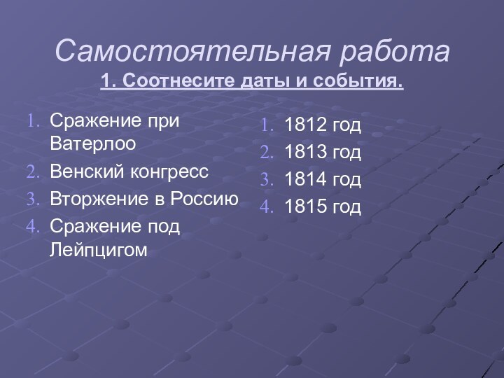 Самостоятельная работа 1. Соотнесите даты и события.Сражение при Ватерлоо Венский конгресс Вторжение