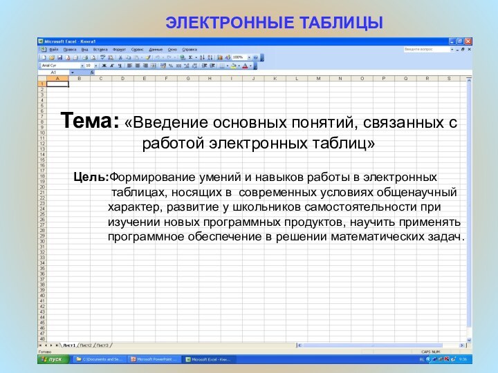 ЭЛЕКТРОННЫЕ ТАБЛИЦЫТема: «Введение основных понятий, связанных с работой электронных таблиц»Цель:Формирование умений и