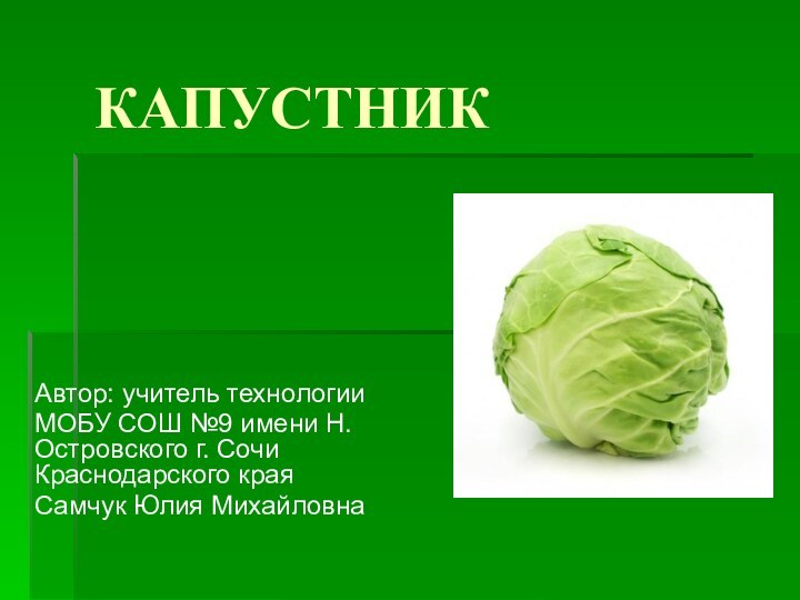 КАПУСТНИКАвтор: учитель технологии МОБУ СОШ №9 имени Н. Островского г. Сочи Краснодарского краяСамчук Юлия Михайловна