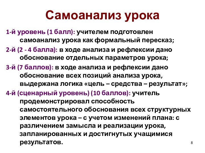 Самоанализ урока1-й уровень (1 балл): учителем подготовлен самоанализ урока как формальный пересказ;2-й