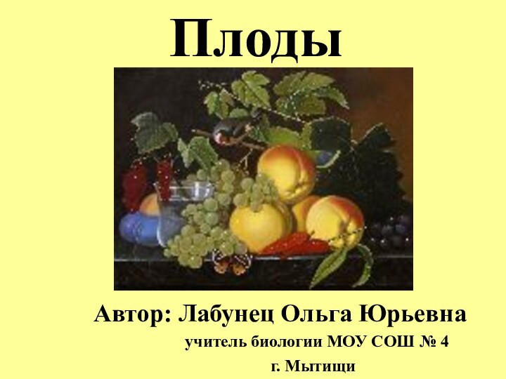 ПлодыАвтор: Лабунец Ольга Юрьевнаучитель биологии МОУ СОШ № 4 г. Мытищи