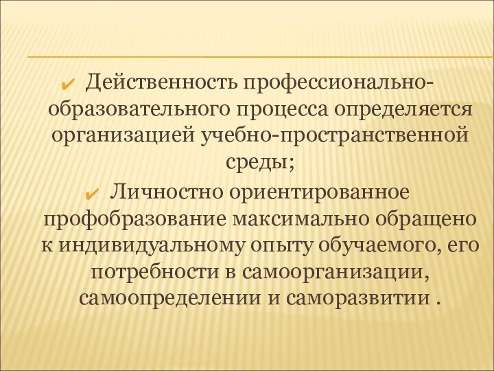 Действенность профессионально-образовательного процесса определяется организацией учебно-пространственной среды;Личностно ориентированное профобразование максимально обращено к