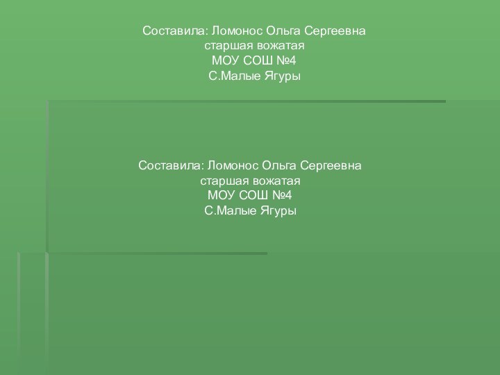 Составила: Ломонос Ольга Сергеевнастаршая вожатаяМОУ СОШ №4С.Малые ЯгурыСоставила: Ломонос Ольга Сергеевнастаршая вожатаяМОУ СОШ №4С.Малые Ягуры