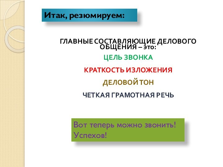 ГЛАВНЫЕ СОСТАВЛЯЮЩИЕ ДЕЛОВОГО ОБЩЕНИЯ – это:  ЦЕЛЬ ЗВОНКА КРАТКОСТЬ