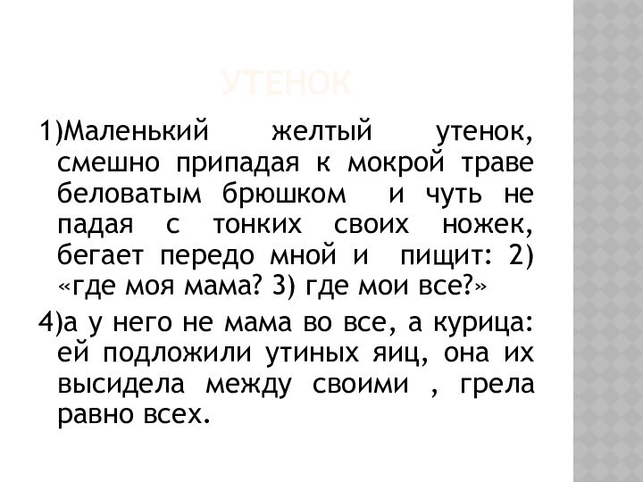 УТЕНОК 1)Маленький желтый утенок, смешно припадая к мокрой траве беловатым брюшком и