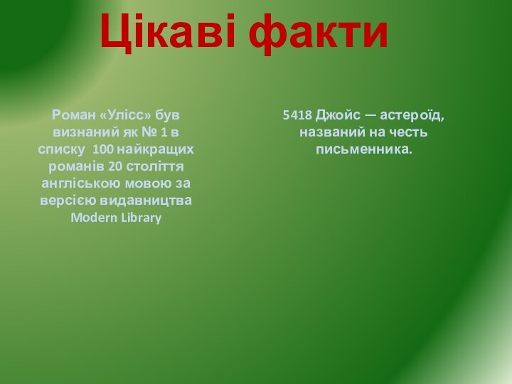 Цікаві фактиРоман «Улісс» був визнаний як № 1 в списку  100 найкращих романів