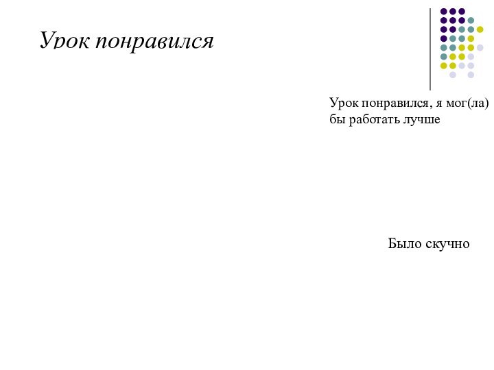 Урок понравилсяУрок понравился, я мог(ла) бы работать лучше Было скучно