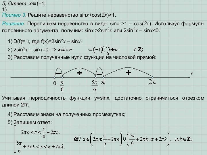 5) Ответ: х∈(–1; 1).Пример 3. Решите неравенство sinx+cos(2x)>1.Решение. Перепишем неравенство в виде: