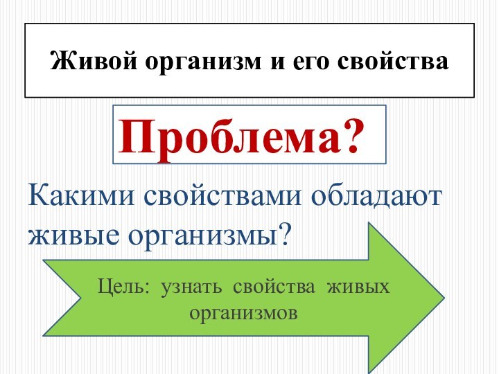 Какими свойствами обладают живые организмы?Живой организм и его свойстваЦель: узнать свойства живых организмовПроблема?