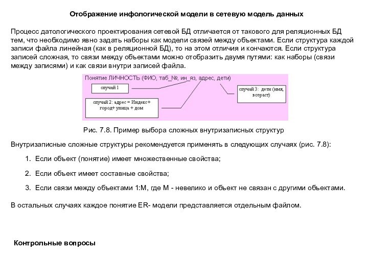 Отображение инфологической модели в сетевую модель данныхПроцесс датологического проектирования сетевой БД отличается