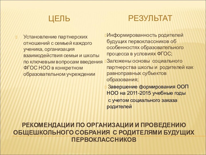 РЕКОМЕНДАЦИИ ПО ОРГАНИЗАЦИИ И ПРОВЕДЕНИЮ ОБЩЕШКОЛЬНОГО СОБРАНИЯ С РОДИТЕЛЯМИ БУДУЩИХ ПЕРВОКЛАССНИКОВЦЕЛЬРЕЗУЛЬТАТ Установление