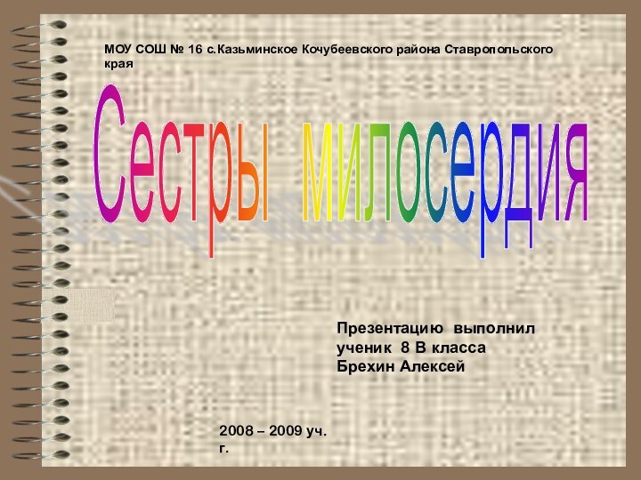 Сестры милосердияПрезентацию выполнил ученик 8 В классаБрехин АлексейМОУ СОШ № 16 с.Казьминское