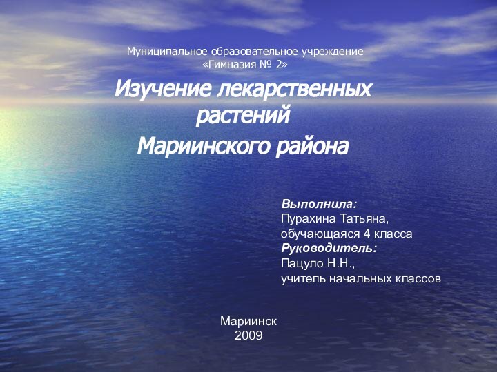 Муниципальное образовательное учреждение «Гимназия № 2»Изучение лекарственных растений Мариинского районаВыполнила: Пурахина Татьяна,обучающаяся