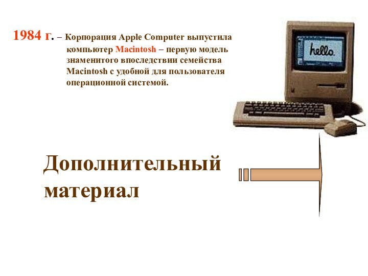 1984 г. – Корпорация Apple Computer выпустила компьютер Macintosh – первую модель