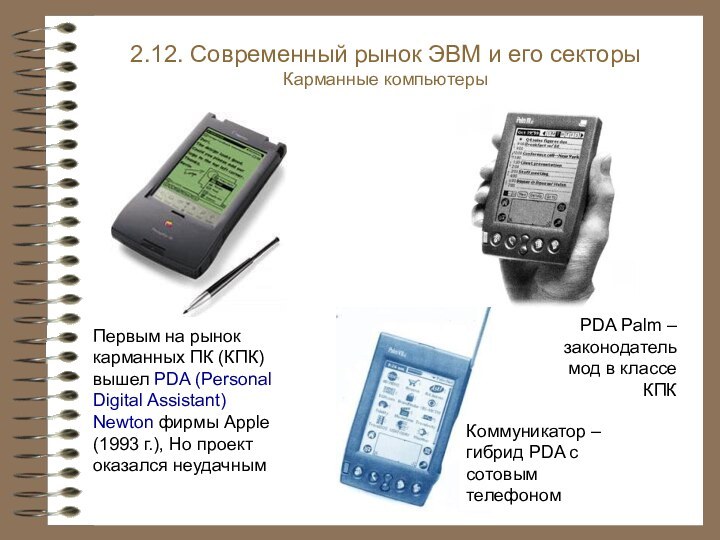 Первым на рынок карманных ПК (КПК) вышел PDA (Personal Digital Assistant) Newton