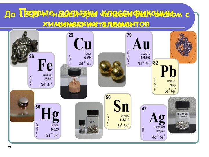 Первые попытки классификации химических элементовДо 1200 г. нашей эры человек был знаком с семью металлами:*