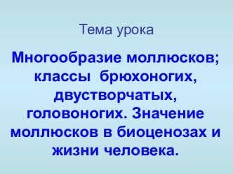 Многообразие моллюсков; классы брюхоногих, двустворчатых, головоногих. Значение моллюсков в биоценозах и жизни человека.