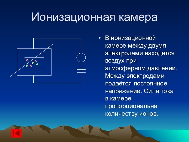 Ионизационная камераВ ионизационной камере между двумя электродами находится воздух при атмосферном давлении.