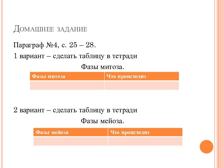 Домашнее заданиеПараграф №4, с. 25 – 28.1 вариант – сделать таблицу в