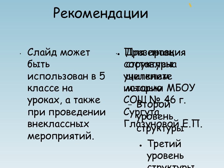 РекомендацииСлайд может быть использован в 5 классе на уроках, а также при