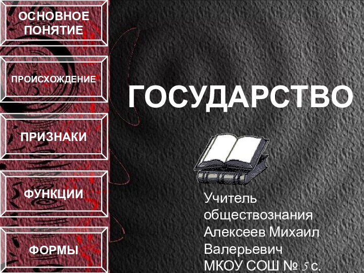 ГОСУДАРСТВООСНОВНОЕ ПОНЯТИЕПРИЗНАКИФУНКЦИИФОРМЫПРОИСХОЖДЕНИЕУчитель обществознания Алексеев Михаил Валерьевич МКОУ СОШ № 5 с. Шумное Чугуевского района Приморского края