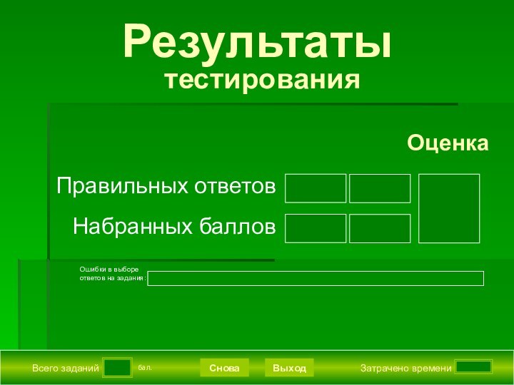 Всего заданийЗатрачено времениСноваВыходРезультаты  тестирования бал.Правильных ответовНабранных балловОценкаОшибки в выборе ответов на задания: