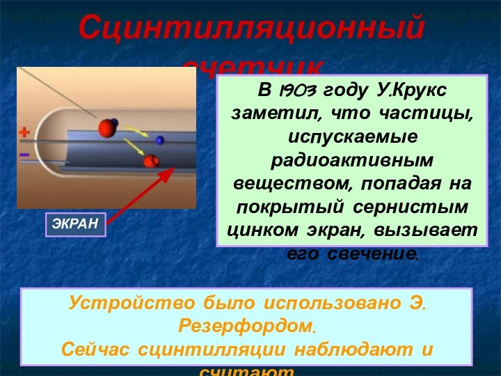 Сцинтилляционный счетчикЭКРАНВ 1903 году У.Круксзаметил, что частицы, испускаемые радиоактивнымвеществом, попадая напокрытый сернистымцинком