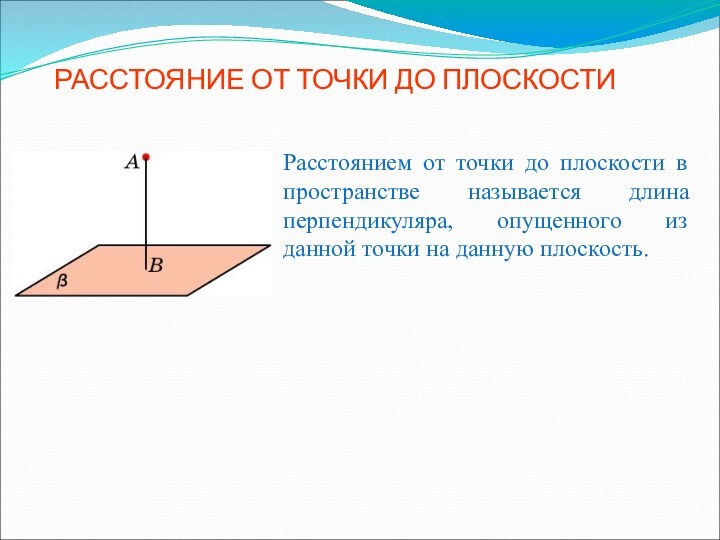 РАССТОЯНИЕ ОТ ТОЧКИ ДО ПЛОСКОСТИРасстоянием от точки до плоскости в пространстве называется