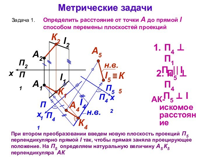 Метрические задачиЗадача 1.Определить расстояние от точки А до прямой l способом перемены