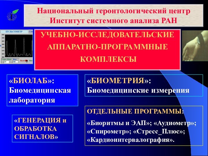 Национальный геронтологический центрИнститут системного анализа РАНУЧЕБНО-ИССЛЕДОВАТЕЛЬСКИЕ АППАРАТНО-ПРОГРАММНЫЕ КОМПЛЕКСЫ«БИОЛАБ»: Биомедицинская лаборатория«БИОМЕТРИЯ»:Биомедицинские измерения«ГЕНЕРАЦИЯ и