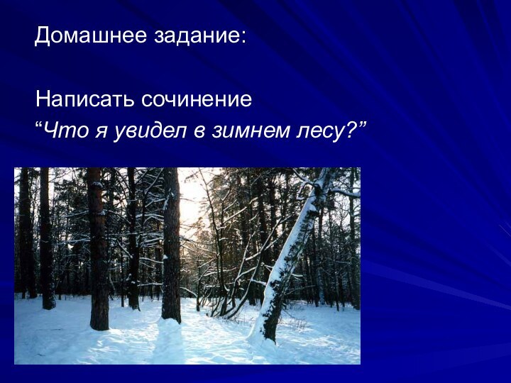 Домашнее задание:Написать сочинение “Что я увидел в зимнем лесу?”